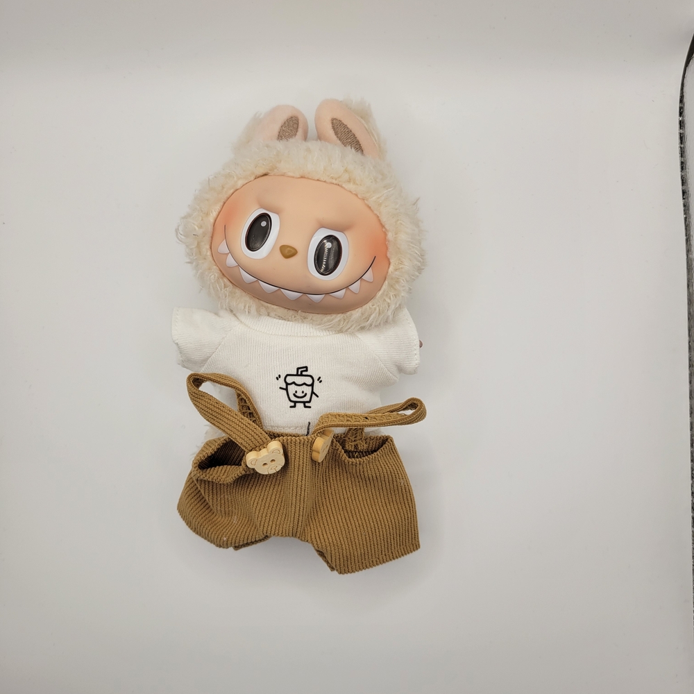 Labubu Clothing Smiling Boba Tea T-shirt with Brown Overall Pants.